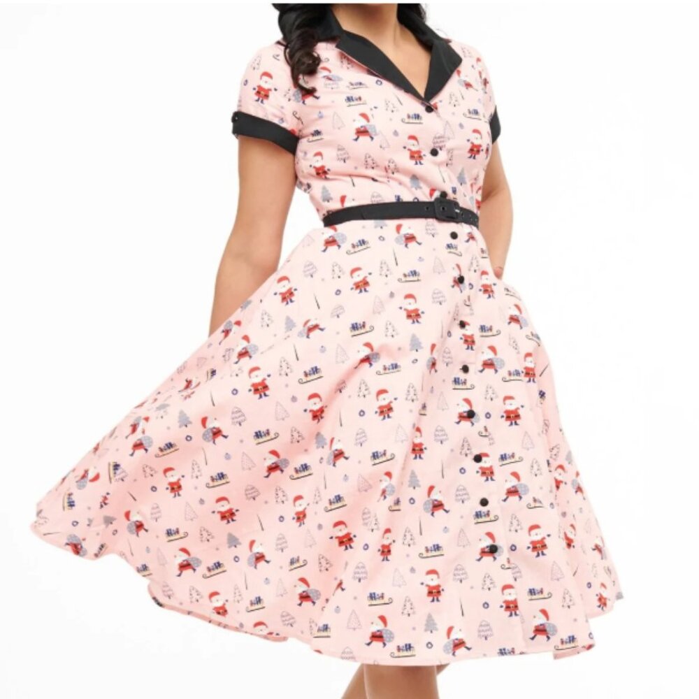 Unique Vintage 1950s Pink Santa Print Alexis Swing Dress NWT 5X Christmas
